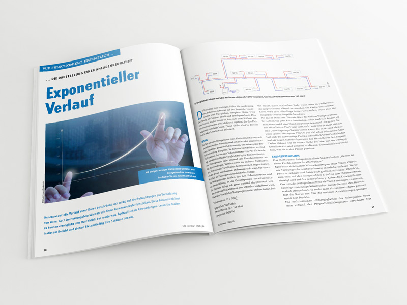Broschüre mit aufgeschlagenem Artikel „Anlagenkennlinie – exponentieller Verlauf“